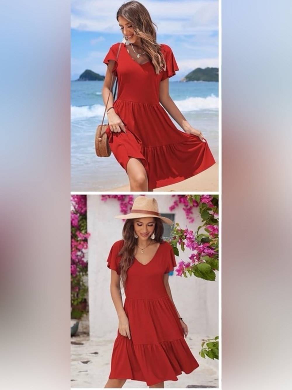 Dulayoo Women's Tiered Dress V-Neck Short Sleeve Swing Mini A-Line  Hook  Eye S